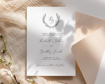 printable monogram crest save the date template, minimalist classic wedding save the date cards, initial wreath, digital download