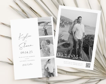 black and white photo strip save the date template, printable 5x7 inch two sided save the date card with qr code, digital download