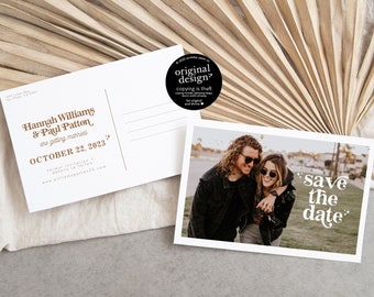 retro save the date postcard template, printable boho wedding save our date card with photo, editable digital download, 4x6 inches