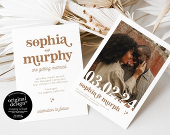 retro wedding invitation save the date combination template, printable boho invite with photo, two sided save the date combo with details