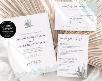 Acre Baja wedding invitation template, printable Cabo Mexico destination wedding, Mexican tile and agave, instant download set