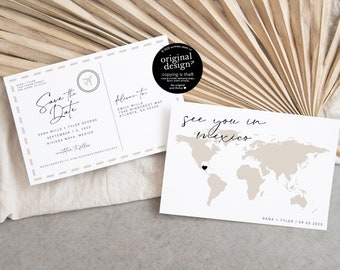 destination wedding save the date, travel themed save the date postcard template, customizable map save the dates, editable instant download