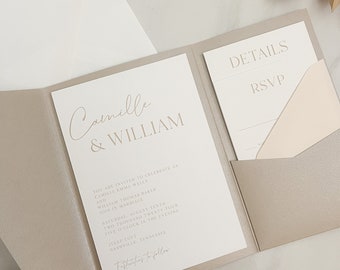 minimalist pocket wedding invitation diy template, printable taupe wedding invitation set with insert cards, customizable beige wedding rsvp