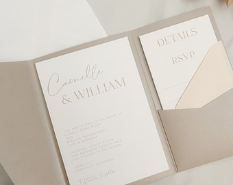 Minimalistisk fickinbjudan till bröllop, gör-det-själv-mall, utskrivbar taupe bröllopsinbjudningsset med instickskort, anpassningsbart beige bröllops-OSA