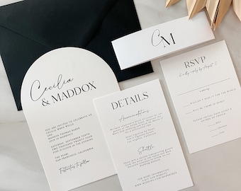 minimalist arch wedding invitation template, printable modern black and white invite set with rsvp, diy arch invitation download