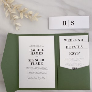 modern typography wedding invitation template, pocket invite set, printable minimalist black white and green, diy invitation kit