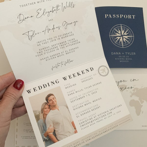 passport wedding invitation template, printable destination wedding invite, postcard RSVP, editable DIY travel themed set, pack your bags