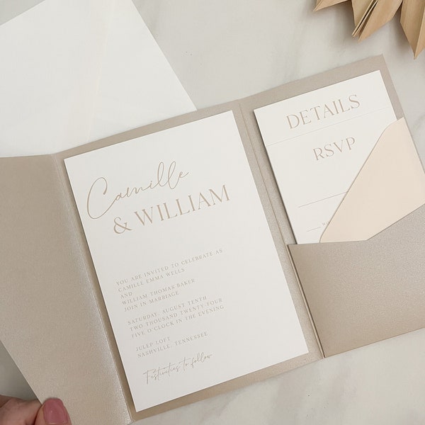 minimalist pocket wedding invitation diy template, printable taupe wedding invitation set with insert cards, customizable beige wedding rsvp