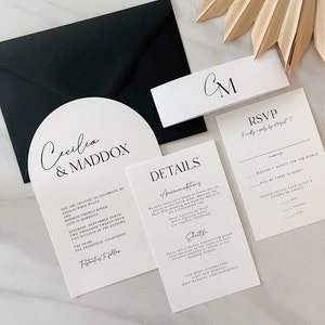 minimalist arch wedding invitation template, printable modern black and white invite set with rsvp, diy arch invitation download