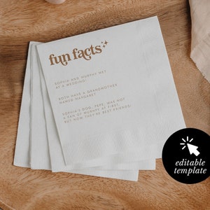 fun fact napkin template, retro wedding reception personalized cocktail napkins, editable wedding trivia, customizable napkin download