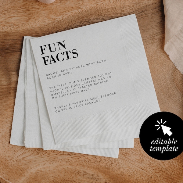 customizable wedding fun fact napkin template, wedding trivia cocktail napkins, funny birthday reception game, personalized instant download