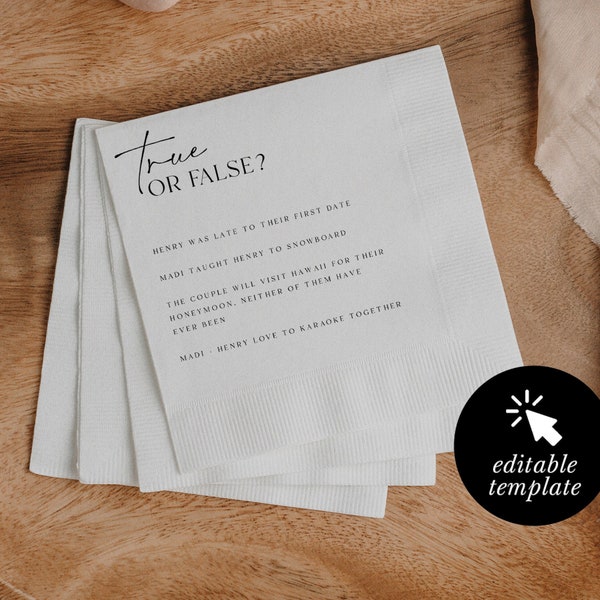 wedding trivia napkin template, personalized true or false cocktail napkins, fun facts about the couple, reception conversation starter