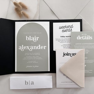 modello di invito di nozze ad arco salvia, set di inviti di nozze tascabili con fascia per la pancia, boho moderno fai-da-te verde e nero, download modificabile