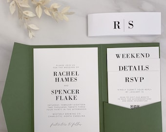 Modèle d’invitation de mariage de typographie moderne, ensemble d’invitation de poche, noir minimaliste imprimable blanc et vert, kit d’invitation DIY