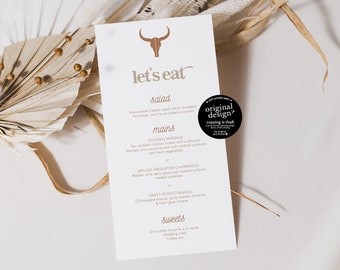 western wedding menu, printable longhorn menu template, boho rustic dinner cards, dusty orange cowboy menu, editable instant download