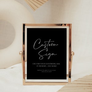 modelo de placa de casamento personalizável, impressão de 8 x 10 polegadas, impressão de livro de visitas preto editável, cerimônia desconectada, open bar, download instantâneo