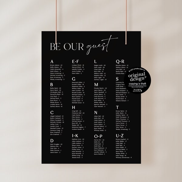 modern alphabetical seating chart template, printable wedding table assignment sign, be our guest, editable assigned seats by name, download