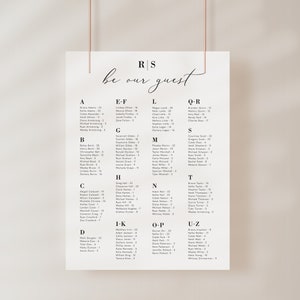 minimalistische alfabetische zitplaatsengrafiek voor bruiloft, modern zwart-wit tafeltoewijzingsteken, zitplaatsengrafiekposter, bewerkbare download