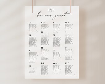 minimalist alphabetical seating chart for wedding, modern black and white table assignments sign, seating chart poster, editable download