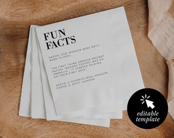 customizable wedding fun fact napkin template, wedding trivia cocktail napkins, funny birthday reception game, personalized instant download