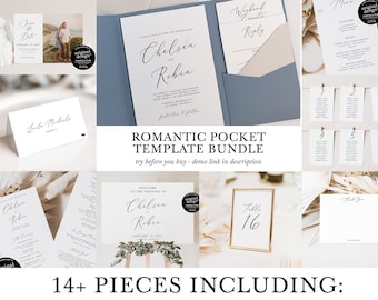 romantic wedding template bundle, diy pocket wedding invitation set, printable minimalist save the date, simple black and white welcome sign