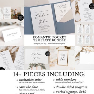 romantic wedding template bundle, diy pocket wedding invitation set, printable minimalist save the date, simple black and white welcome sign