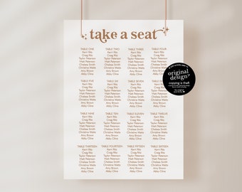 retro wedding seating chart template, editable reception table assignment sign, 70s theme, multiple sizes, 18x24, 24x18, 24x36, boho wedding