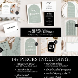 arch wedding invitation set, retro sage wedding template bundle, printable boho save the date, editable green matching programs and menus