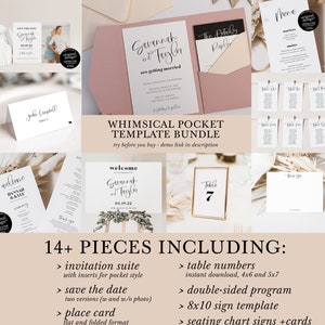 modern wedding template bundle, diy pocket wedding invitation set, printable whimsical save the date, simple black and white program menu image 1