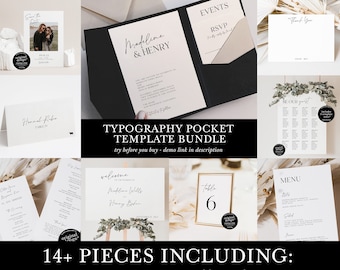 minimalist wedding template bundle, printable black and white invitation pocket with inserts, save the dates, modern typography, download