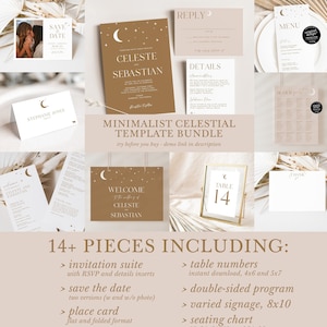Puede incluir: Un paquete de plantillas de boda celestial minimalista con más de 14 piezas, que incluye una suite de invitaciones, tarjetas de guardar la fecha, tarjetas de lugar, menú, tarjetas de agradecimiento, números de mesa, un programa de doble cara, señalización variada, un diagrama de asientos y un letrero de bienvenida. El diseño presenta una luna creciente y estrellas sobre un fondo marrón.