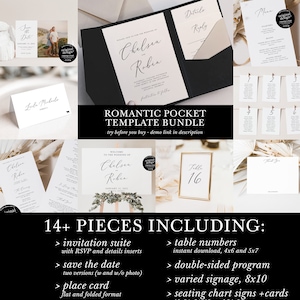 paquete de conjunto de invitación de boda, plantilla imprimible guardar la fecha, blanco y negro minimalista, paquete de letreros de boda, invitación a carpetas de bolsillo