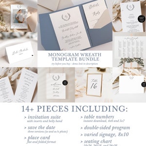 monogram wedding invitation template bundle, printable diy initial crest save the dates, minimalist romantic sign templates