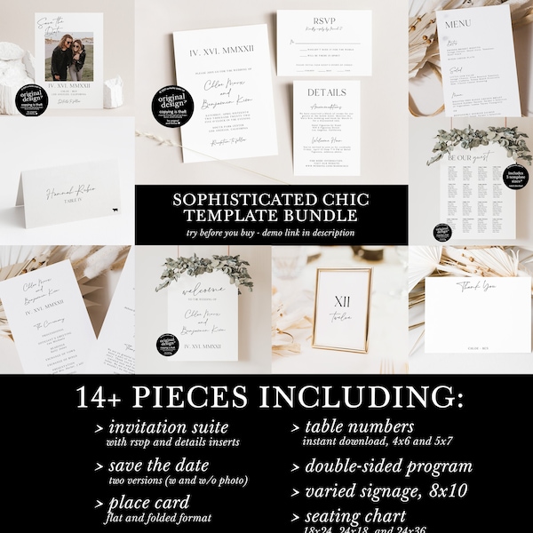 ultra minimalist sophisticated chic wedding invitation bundle, Roman numeral invitation set, save the date, printable menu, reception signs