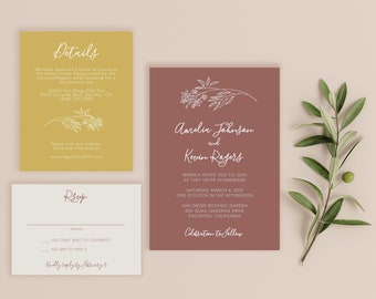 Fall Wedding Invitation Template, Rust and Mustard Wedding Invitation Set, Terracotta  Invitations, Simple Boho Floral Printable Invites