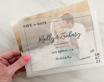 save the date template, horizontal vellum overlay, printable modern save our date card, translucent paper DIY announcement, clear invitation