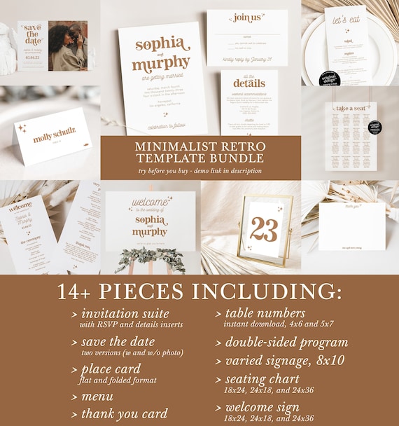 boho invitation set, wedding template bundle, printable retro save the date, burnt orange welcome sign, multiple sizes, ceremony program pdf