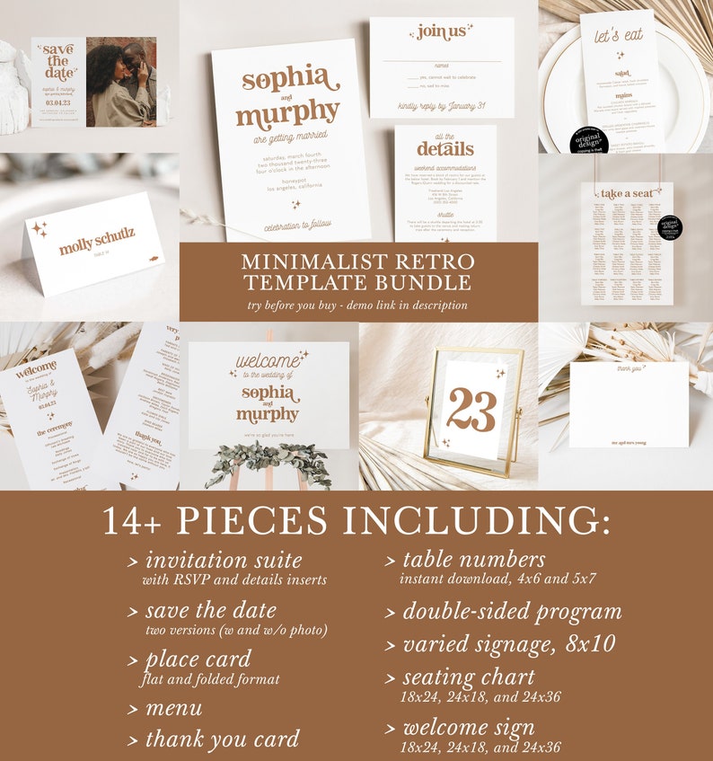 May include: A collection of minimalist retro wedding stationery templates in shades of brown and white. The bundle includes invitations, save-the-date cards, menus, table numbers, and signage. The text includes "Sophia and Murphy" and "Minimalist Retro Template Bundle".