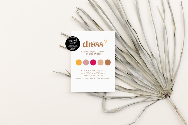 Cartão de código de vestimenta de paleta de cores de casamento retrô, modelo de cartão de cores para convidados editável e imprimível, cartão de traje de casamento dos anos 70, informações personalizáveis imagem 1