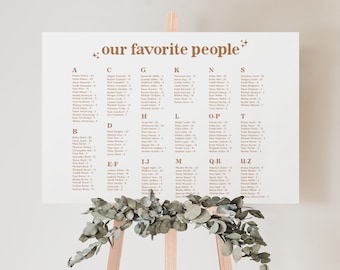 retro alphabetical seating chart template, editable wedding table assignment sign, boho terracotta 70s reception, digital download