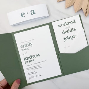 pocket wedding invitation template, ombre green retro wedding invite with insert cards and printable belly band, diy invitation kit download