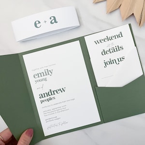 modèle d'invitation de mariage de poche, invitation de mariage rétro vert ombre avec cartes d'insertion et bande de ventre imprimable, téléchargement du kit d'invitation bricolage