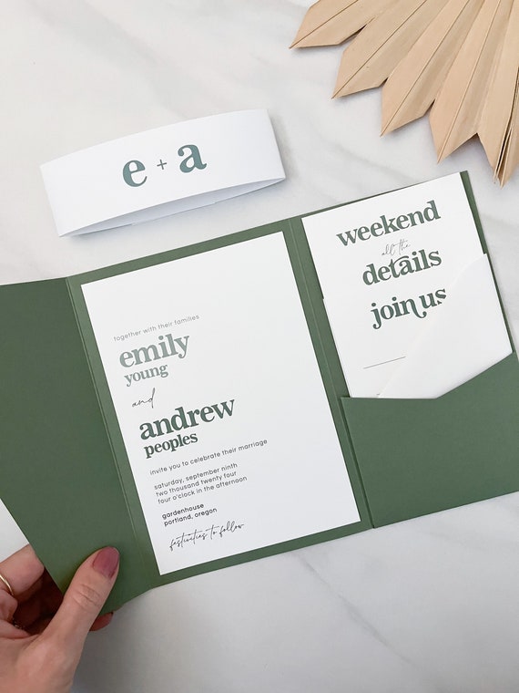 pocket wedding invitation template, ombre green retro wedding invite with insert cards and printable belly band, diy invitation kit download