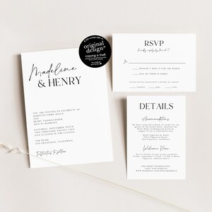 minimalist wedding invitation set, printable modern reception invite template, with RSVP card, simple black and white typography, download image 7