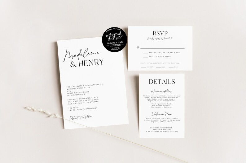 minimalist wedding invitation set, printable modern reception invite template, with RSVP card, simple black and white typography, download image 7