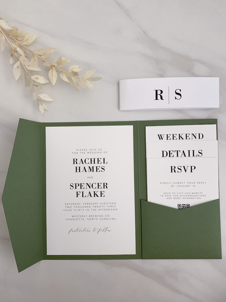 modern typography wedding invitation template, pocket invite set, printable minimalist black white and green, diy invitation kit image 1