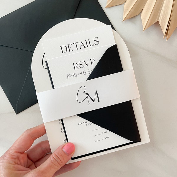 Modèle d'invitation de mariage en arche minimaliste, invitation moderne à imprimer en noir et blanc avec rsvp, téléchargement d'invitation en arche bricolage