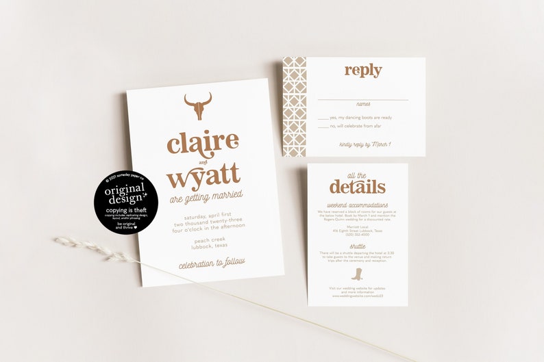 western wedding invitation template, printable cowboy reception invite set, modern rustic longhorn wedding, desert invitations download image 1