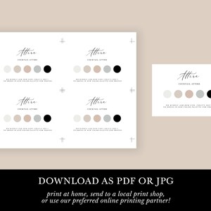 May include: Printable wedding attire card with a color palette for guests to follow. The card features the text "Attire" in a script font and the words "Cocktail Attire" in a sans-serif font. The color palette includes five circles: light beige, beige, light pink, light gray, and black.