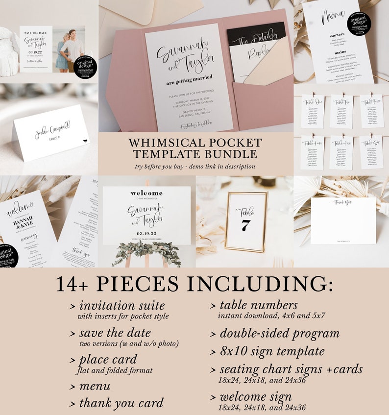modern wedding template bundle, diy pocket wedding invitation set, printable whimsical save the date, simple black and white program menu image 1